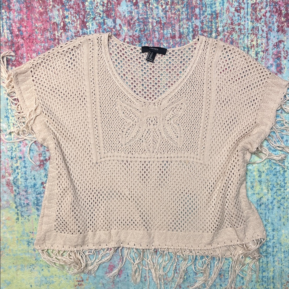 Forever 21 Cream Crochet Fringe Knit Top